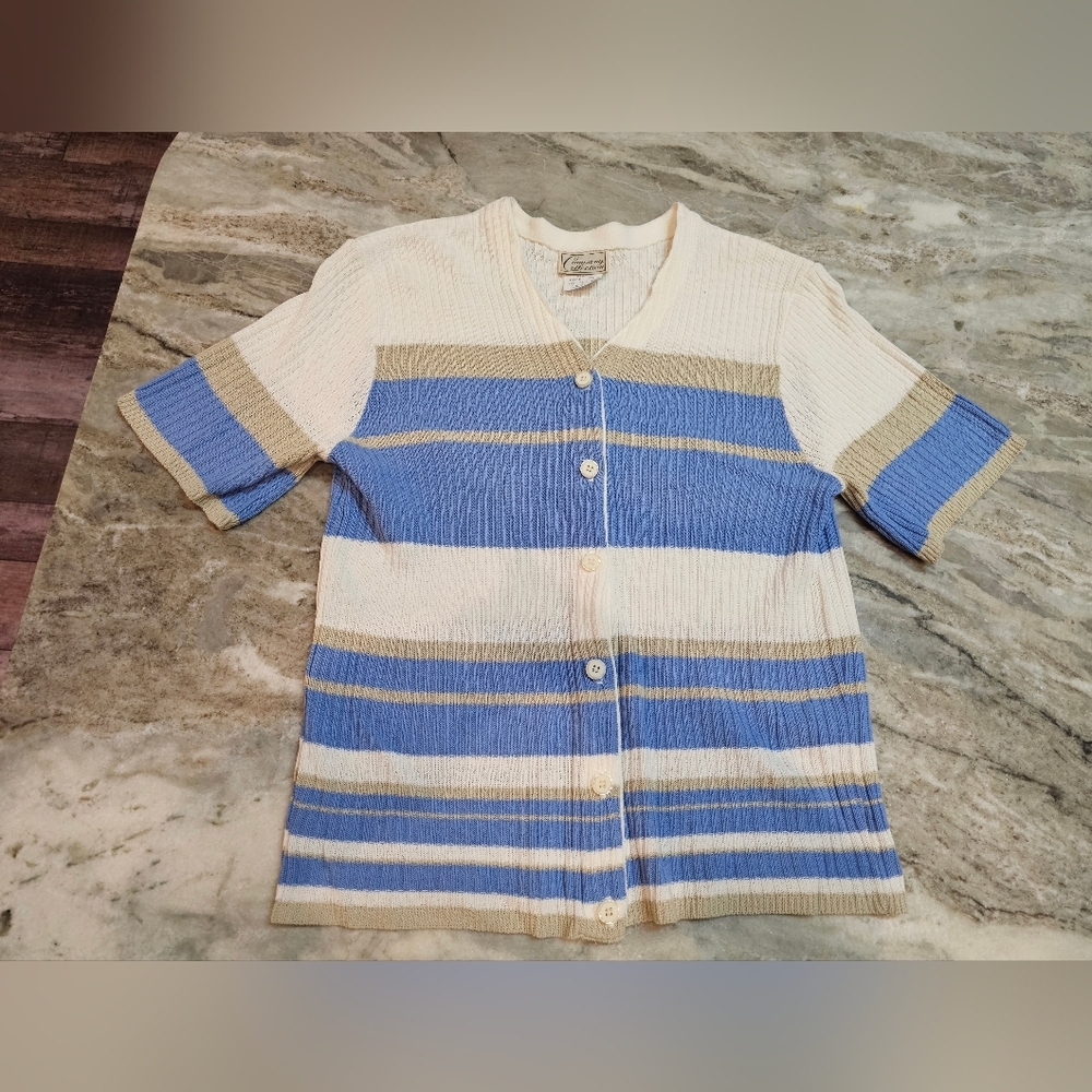 Vintage Company Collection Striped Short Sleeve Cardigan Sweater Medium Blue